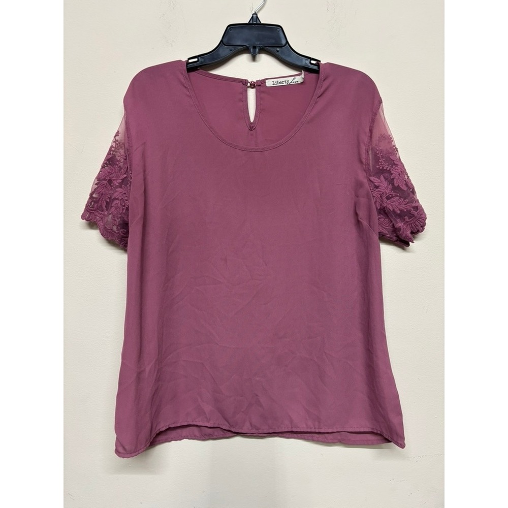Liberty Love Mauve Blouse XL Lace Sleeve Short Sleeve Keyhole Top Office Busines